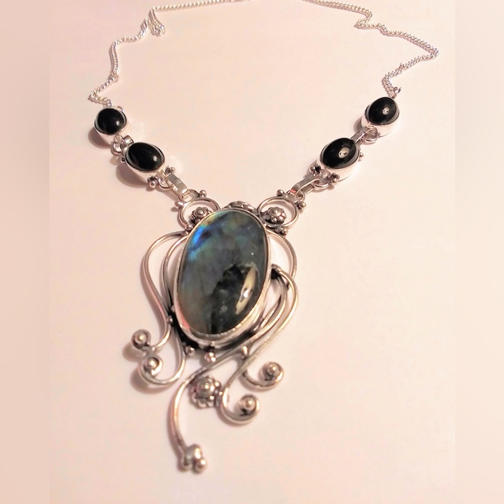 Labradorite Black Onyx 925 Sterling Silver Necklace - Picture 1 of 2